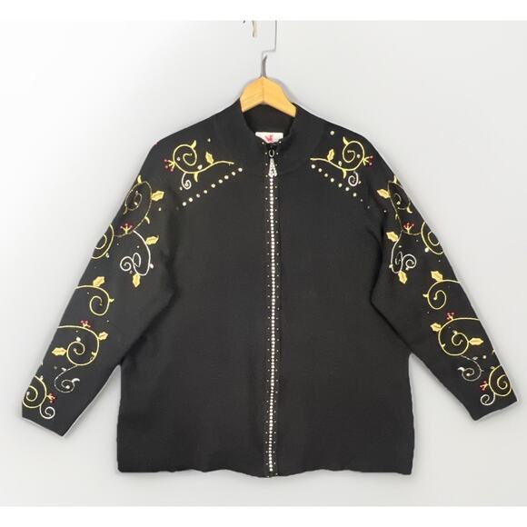 Quacker Factory Cardigan Sweater Full Beaded Zipper Womens 1X Black Sequins - Picture 1 of 13